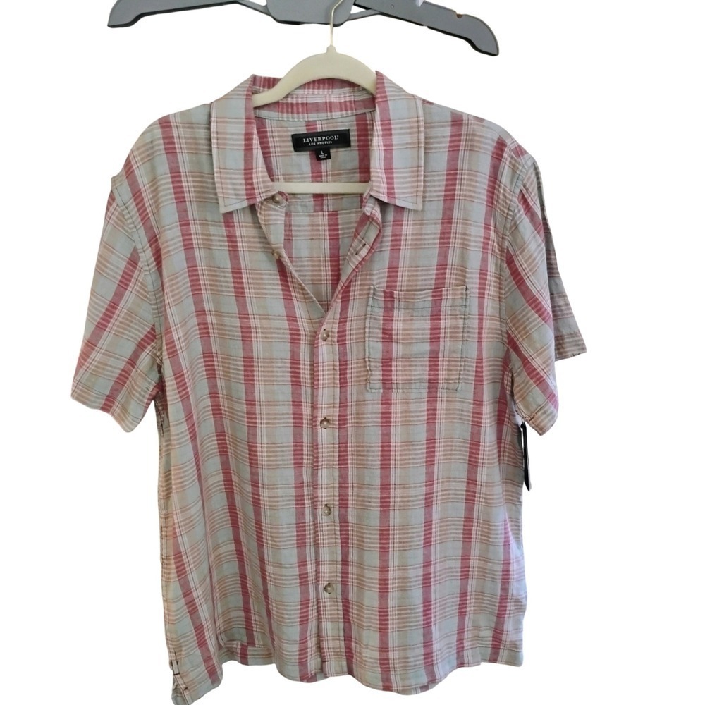 Liverpool Mens Plaid Shirt Button Up Short Sleeve Casual linen/ cotton blend
